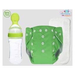 The Cheeky Kidzz Baby Pocket Style Button Reusable Cloth Diaper Nappy With Bamboo Microfiber Insert With Squeeze Spoon Feeding Bottle BPA Free - Green-85