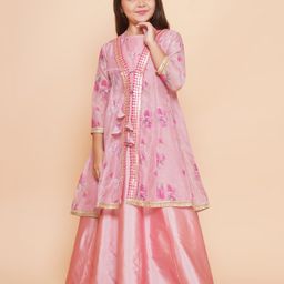 Bitiya By Bhama Silk Woven Floral Printed Gota Lace Embellished Lehenga Choli With Attached Shrug Set - Pink-image-79