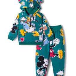 Babyhug Disney Terry Knit Full Sleeve Hooded T-Shirt and Jogger Set with Mickey & Friends and Ear Detailing - Dark Green-picture-25