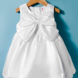 Babyhug Woven Sleeveless Solid Party Dress With Pearl Bow Appllique - White-picture-10