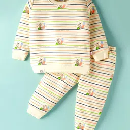 Mini Taurus Interlock Woven Full Sleeves Striped Co-ords Winter Night Suit with Bunny Print - Cream-picture-9
