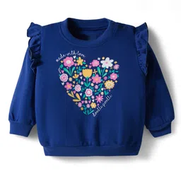 Doodle Poodle 100% Cotton Looper Knit Full Sleeves Sweatshirt With Floral Print & Frill Detailing - Navy Blue-picture-27
