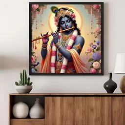 999Store Pink & Grey Krishna With Flowers Canvas Painting Wall Art-picture-17