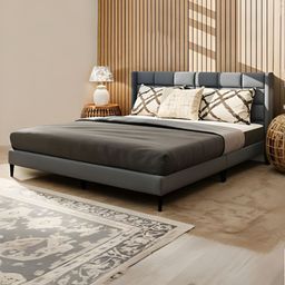 Royaloak Willow Grey & Beige Wooden Upholstered Queen Size Platform Bed-image-41