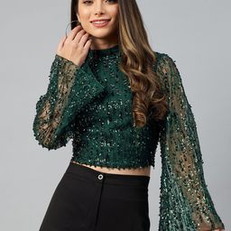 plusS Green Embellished Mandarin Collar Crop Top-picture-28
