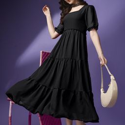 Krunal Raiyani Puff Sleeve Georgette Fit & Flare Midi Dress-image-61