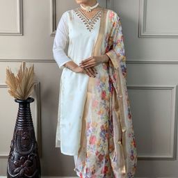 KALINI Ethnic Motifs Embroidered Chanderi Silk Straight Kurta with Trousers & Dupatta-image-92