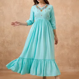 Globus V-Neck Floral Embroidered Yoke Fit and Flare Tiered Maxi Fusion Dress-image-18