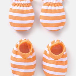 Babyhug 100% Cotton Striped Mittens & Booties Set - Orange-picture-27