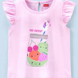 Babyhug 100% Cotton Frill Sleeves Tee With Unicorn & Fruit Jar Graphics- Pink-image-89