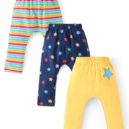 Babyhug Cotton Full Length Diaper Pants Stripes & Star Print Pack of 3 - Blue & Yellow-image-81