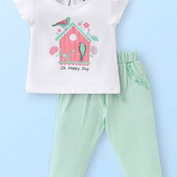 Doodle Poodle 100% Cotton Knit Half Sleeves Birds & Text Printed Night Suit - White & Mint Green-picture-47