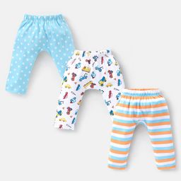 Babyhug Cotton Full Length Diaper Pants Striped & Vehicles Printed Pack of 3 - Blue & White-image-91