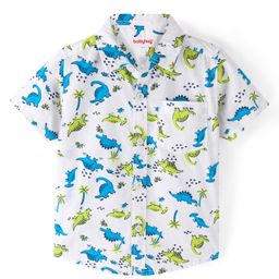 Babyhug Cotton Knit Half Sleeve Regular Collar Shirt Dino Print - White-image-75