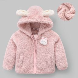 Kookie Kids Full Sleeves Front Open Hooded Fur Jacket With Bunny & Ears Applique - Pink-image-95