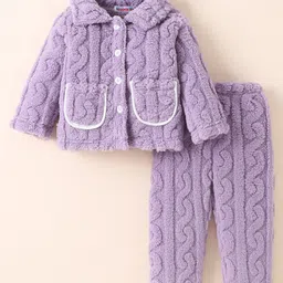 Kookie Kids Full Sleeves Collared Winter Wear Night Suit - Lilac-picture-16