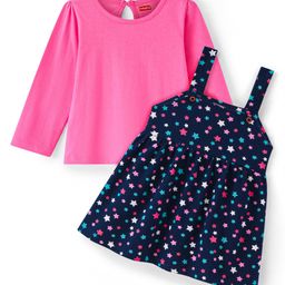 Babyhug Cotton Knit Star Printed Frock with Full Sleeves Inner Top - Pink-image-76