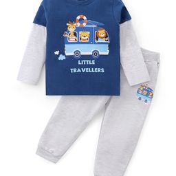 Babyhug Single Jersey Knit Doctor Sleeves T- Shirt & Lounge Pants Set With Animals Print - Blue & Light Grey-image-50