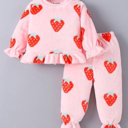 Kookie Kids Full Sleeves Winter Night Suit With Strawberry Print - Pink-image-81