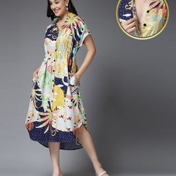 Zelena Rayon Half Sleeves Abstract Printed Zipless Maternity Dress - Multi Color-image-16