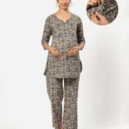 CRAFIQA Cotton Three Fourth Sleeves FloralPrinted Maternity Night Suit With Concealed Zipper Nursing Access - Grey-image-99
