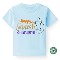 BLUSHES Ganesha Theme 100% Cotton Half Sleeve Ganesh Chaturthi Printed Tee-Powder Blue-image-39