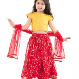 Babyhug Woven Half Sleeves Floral Net Sequin Embroidered Choli Lehenga & Dupatta Set with Tassle Detailing - Yellow & Red-image-2