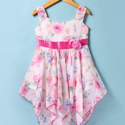 Dew Drops Chiffon Woven Sleeveless Frock with Floral Print & Floral Applique - Pink-image-5