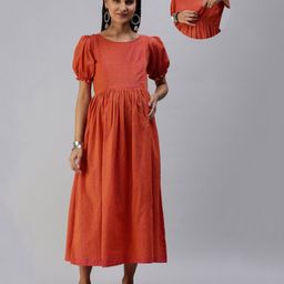 Swishchick Cotton Half Puffed Sleeves Threadwork Embroidered & Abstract Printed Maternity Dress With Nursing Access - Orange-image-31