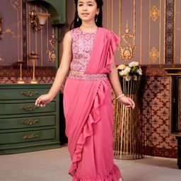 Aarika Georgette Sleeveless Floral Embroidered & Sequins Embellished Lehenga Choli With Attached Dupatta & Belt Set - Pink-picture-16