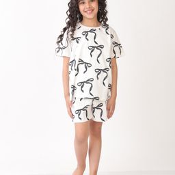 Anthrilo Cotton Knit Half Sleeves Bows Printed Coordinating Tee & Shorts Set - White-image-55