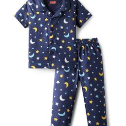 Babyhug Cotton Knit Half Sleeves Co-ords Front Open Night Suit With Star Print - Navy Blue-picture-31