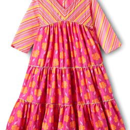 EARTHY TOUCH Muslin Woven Three Fourth Sleeves Ethnic Dress With Floral Print - Pink-image-46