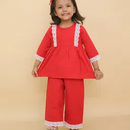 Little Ginnie Cotton Woven Three Fourth Sleeves Floral Embroidered Lace Detailed Kurta Pant Set - Red-picture-46