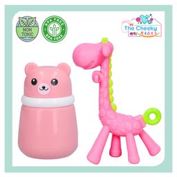 The Cheeky Kidzz Baby Skin Care Powder Talcum Puff Case Cum Container Box With Soft Silicone Giraffe Teething Toy BPA Free For Babies (PINK)-14