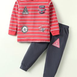 CUCUMBER Sinker Knit Full Sleeves Striped T-Shirt & Lounge Pant Set with Fighter Jet Print - Red-image-86
