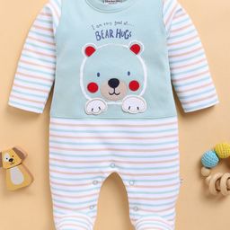 Wonderchild Full Sleeves Teddy Bear Printed & Embroidered Romper - White & Mud Green-image-80
