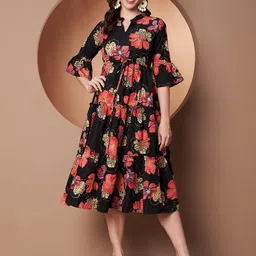 ZWERLON Women Floral Printed Bell Sleeve Applique A-Line Midi Dress-picture-39