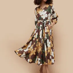 Colour Me by Melange V-Neck Bishop Sleeves Floral Printed Fit and Flare Midi Dress-image-86