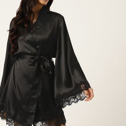 ETC Women Black Solid Satin Finish Robe With Lace Trims-38