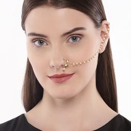 AccessHer Gold-Plated Vilandi Kundan Stone and Pearl-Studded Chained Nose Ring-24