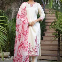 DIVASTRI Floral Embroidered Keyhole Straight Kurta With Trousers And Dupatta-picture-28