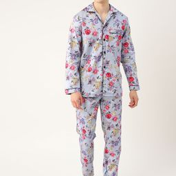 Hancock Men Blue & Pink Pure Cotton Floral Print Nightsuit-picture-12