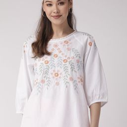 SCOUP Women White & Orange Embroidered Pure Cotton Top-picture-16