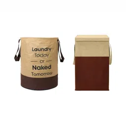 Aura 2-Pcs Beige & Brown Foldable Laundry Bags with Lid & Handles-68 l & 45 l-11