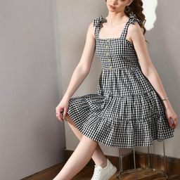 Just Fab Checked Fit & Flare Sleeveless Dress-image-19