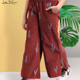 Arias Cotton Corduroy Stretch Full Length Flared Pant With All Over Embroidery - Maroon-image-88