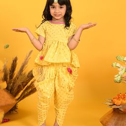 Saka Designs By Sapna Half Sleeves Damask Motif Foil Printed & Gota Lace Embellished Peplum Style Top & Dhoti  - Yellow-image-35