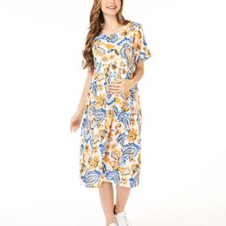 Bella Mama Women Half Sleeves Floral Printed Maternity Dress with Pocket - White-picture-35