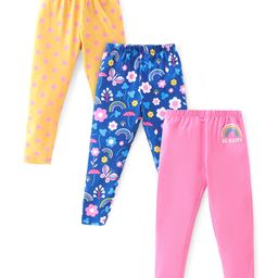 Babyhug Cotton Lycra Knit Full Length Leggings Floral Solid  & Polka Dot Print Pack of 3- Red Yellow & Pink-image-43
